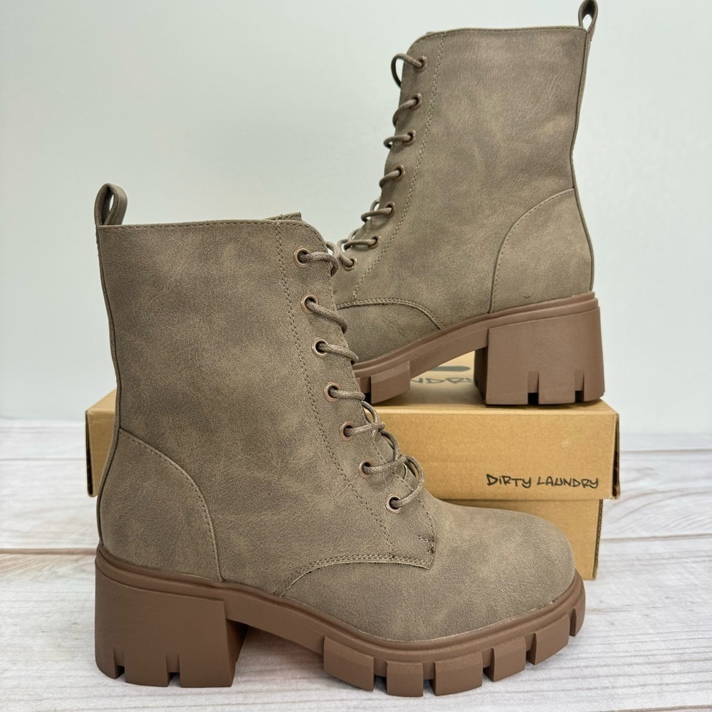 Dirty Laundry Newz Taupe Faux Leather Combat Boots Lace Up & Zipper NEW